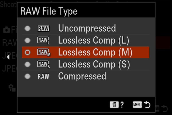 Imagen del producto que muestra el menú de la cámara “Tipo de archivo RAW” con “Comp. sin pérdida (M)” seleccionado