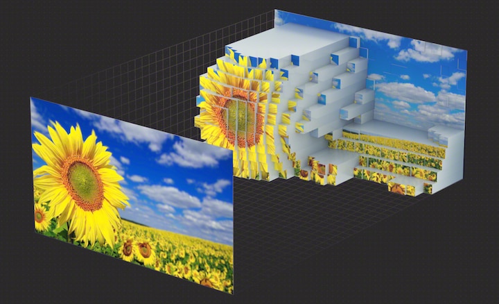 La pantalla a la izquierda tiene girasoles en un campo con cielo nublado y la de la derecha muestra cómo la inteligencia cognitiva analiza y genera la asignación de profundidad de la escena para mejorar la profundidad y textura