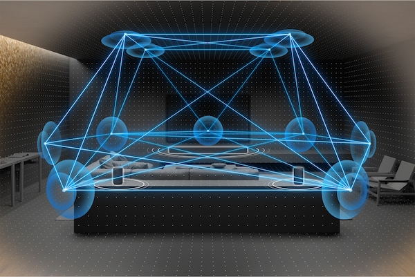 Imagen de una sala con TV, una barra de sonido y parlantes posteriores, además de parlantes virtuales creados con 360 Spatial Sound Mapping