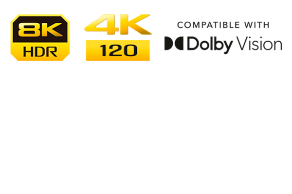 Imagen de un logotipo de 8K HDR, logotipo de 4K 120 y logotipo de Compatible con Dolby Vision.